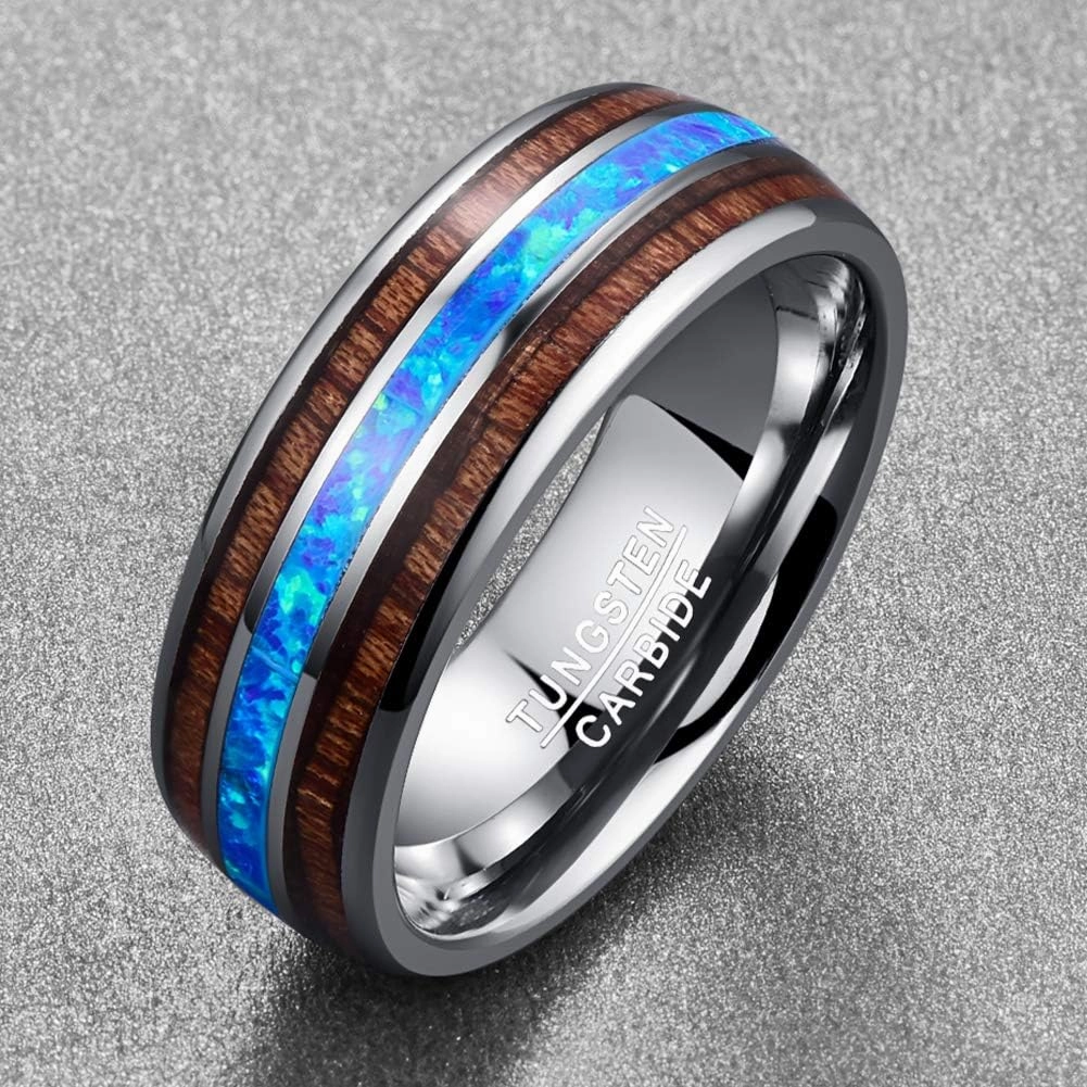 Vakki 6mm 8mm Hawaiian Koa Wood Tungsten Rings for Men Blue Created Opal Wedding Band Dome Style Comfort Fit Size 6-14