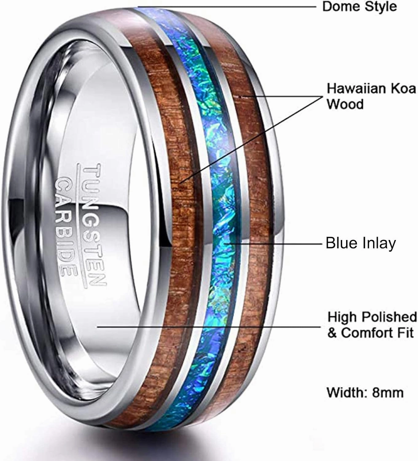 Vakki 6mm/8mm Tungsten Rings for Men Hawaiian Koa Wood Inlay Dome Abalone Shell/Blue Center Wedding Bands Comfort Fit Size 4 to 17