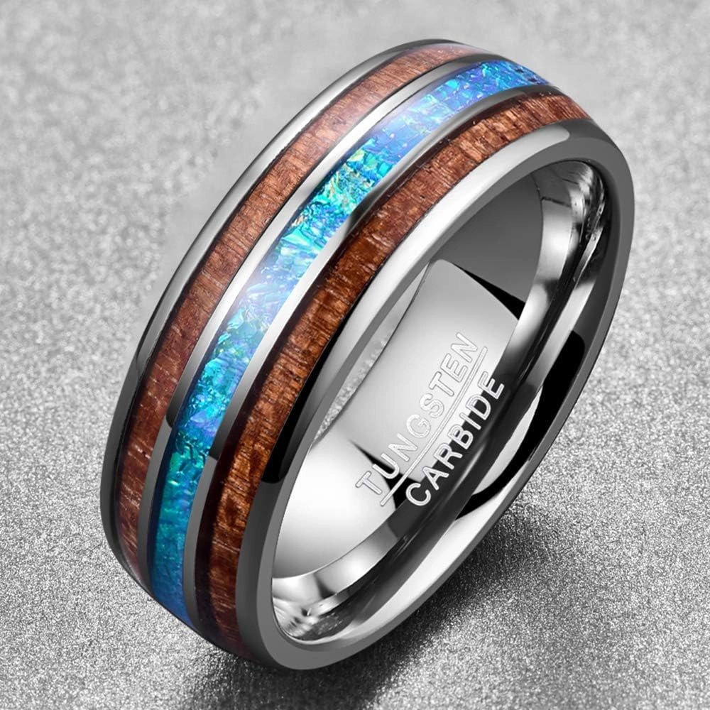 Vakki 6mm/8mm Tungsten Rings for Men Hawaiian Koa Wood Inlay Dome Abalone Shell/Blue Center Wedding Bands Comfort Fit Size 4 to 17