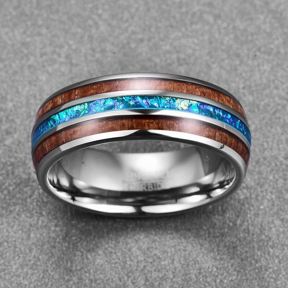 Vakki 6mm/8mm Tungsten Rings for Men Hawaiian Koa Wood Inlay Dome Abalone Shell/Blue Center Wedding Bands Comfort Fit Size 4 to 17