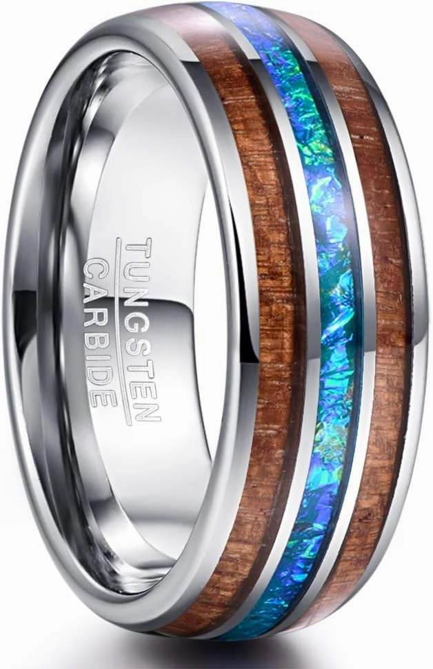 Vakki 6mm/8mm Tungsten Rings for Men Hawaiian Koa Wood Inlay Dome Abalone Shell/Blue Center Wedding Bands Comfort Fit Size 4 to 17