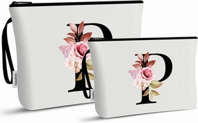 Vavabox 2 Pcs Initial Makeup Bag, A-Z Personalized Cosmetic Bag, Birthday Gifts for Women Mom Sister Friend, Bridesmaid Gift for Wedding (P, White)