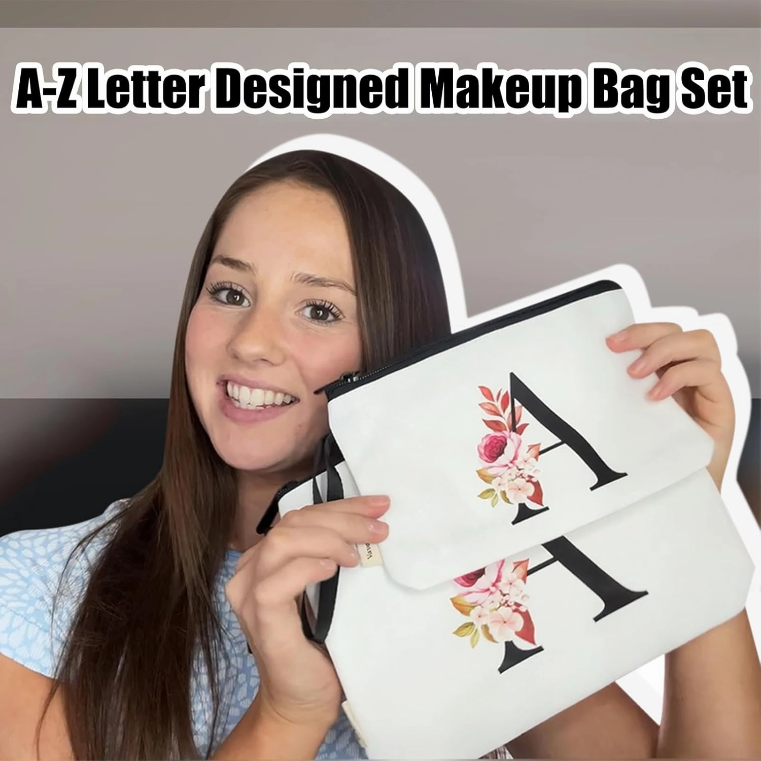 Vavabox 2 Pcs Initial Makeup Bag, A-Z Personalized Cosmetic Bag, Birthday Gifts for Women Mom Sister Friend, Bridesmaid Gift for Wedding (P, White)