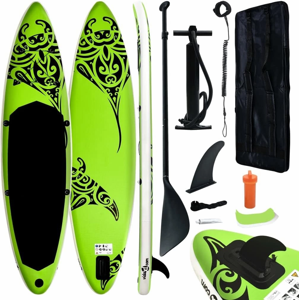 vidaXL Inflatable Paddleboard Set - 144.1"x29.9"x5.9" Stand Up Paddle Board in Green - Kayak & Paddleboard, Optimum Curve Design for Stability, Puncture-Proof and UV-Resistant Material, Includes H...