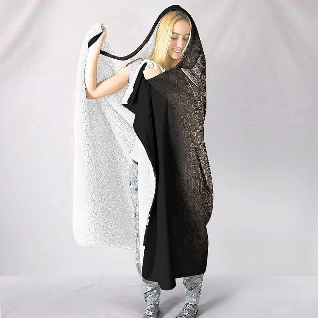 Vikings Throw Blanket Odin's Ravens Runes Hooded Blanket 3D Print Unisex Wearable Winter Warm Plush Sherpa Fleece Flannel Throw Cape Viking Crow Wrap Blanket(80x60in/150x200cm)