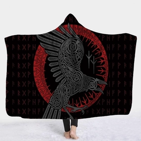 Vikings Throw Blanket Odin's Ravens Runes Hooded Blanket 3D Print Unisex Wearable Winter Warm Plush Sherpa Fleece Flannel Throw Cape Viking Crow Wrap Blanket(80x60in/150x200cm)