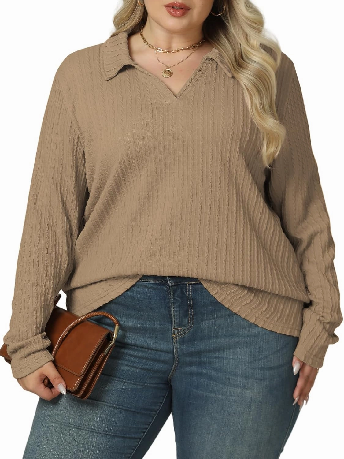 VISLILY Womens-Plus-Size-Tops-2025 Polo V Neck Shirts Lapel Collared Work Blouses Casual Long Sleeve Knit Tunics XL-5XL