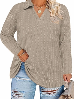 VISLILY Womens-Plus-Size-Tops-2025 Polo V Neck Shirts Lapel Collared Work Blouses Casual Long Sleeve Knit Tunics XL-5XL