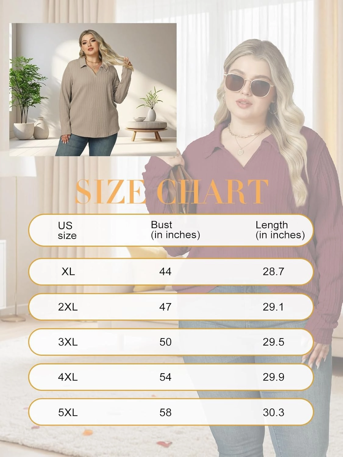 VISLILY Womens-Plus-Size-Tops-2025 Polo V Neck Shirts Lapel Collared Work Blouses Casual Long Sleeve Knit Tunics XL-5XL