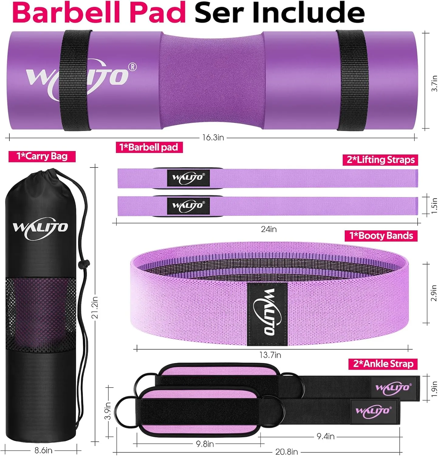 WALITO 8Pcs Barbell Pad Set for Hip Thrust - Squat Pad,Gym Accessories for Women with Bar Bad,Bench Press, with Gym Ankle Straps,Resistance Bands for Working Out,Lifting Strap,Carry Bag