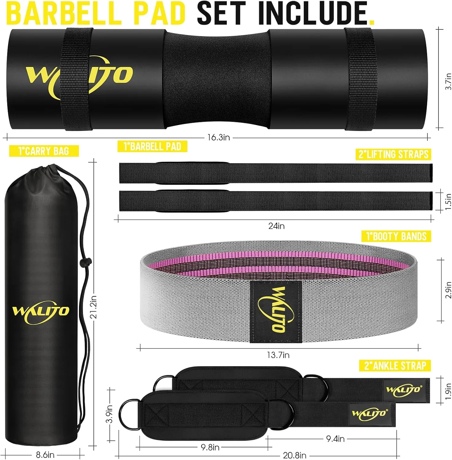 WALITO 8Pcs Barbell Pad Set for Hip Thrust - Squat Pad,Gym Accessories for Women with Bar Bad,Bench Press, with Gym Ankle Straps,Resistance Bands for Working Out,Lifting Strap,Carry Bag