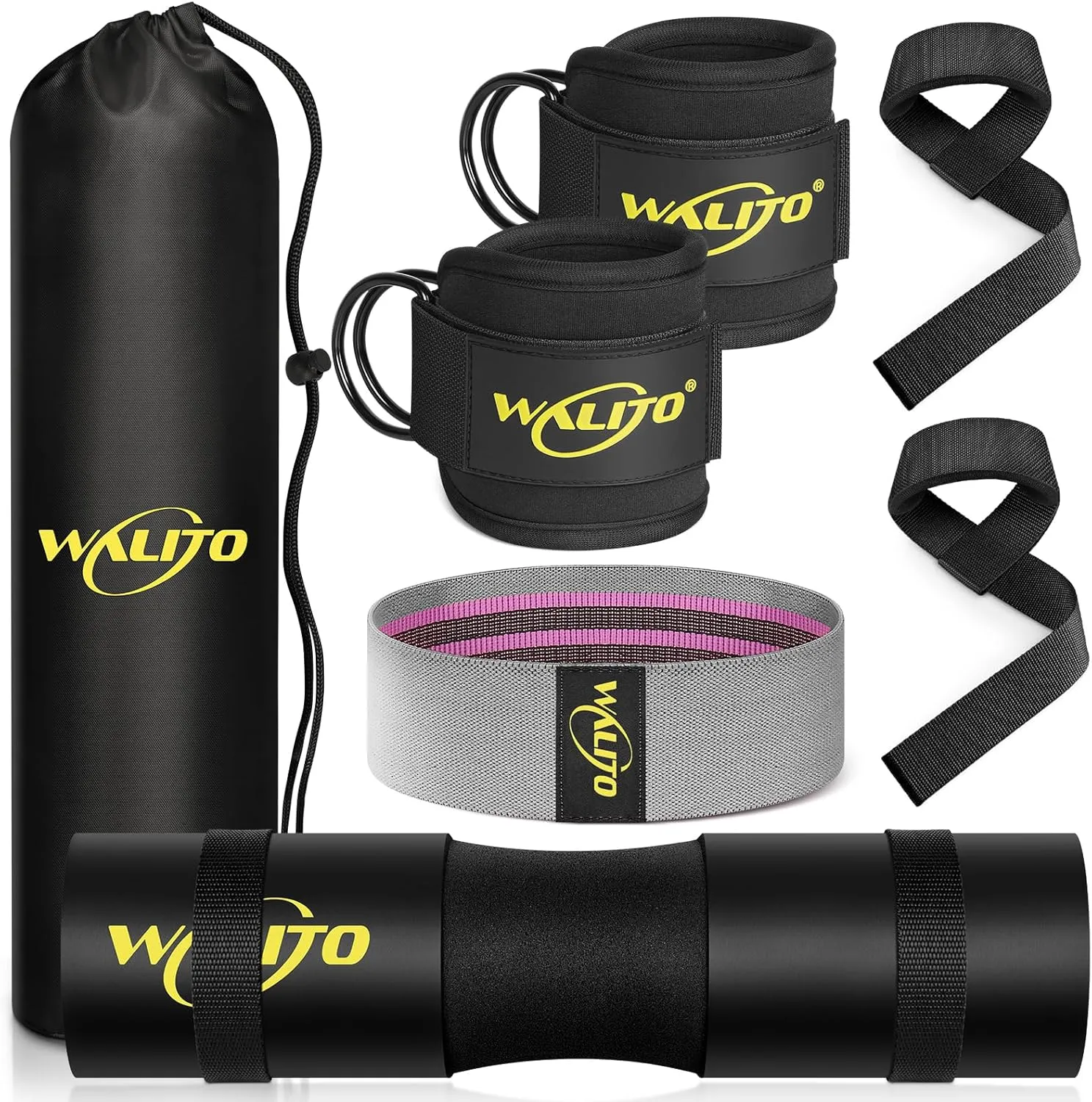 WALITO 8Pcs Barbell Pad Set for Hip Thrust - Squat Pad,Gym Accessories for Women with Bar Bad,Bench Press, with Gym Ankle Straps,Resistance Bands for Working Out,Lifting Strap,Carry Bag