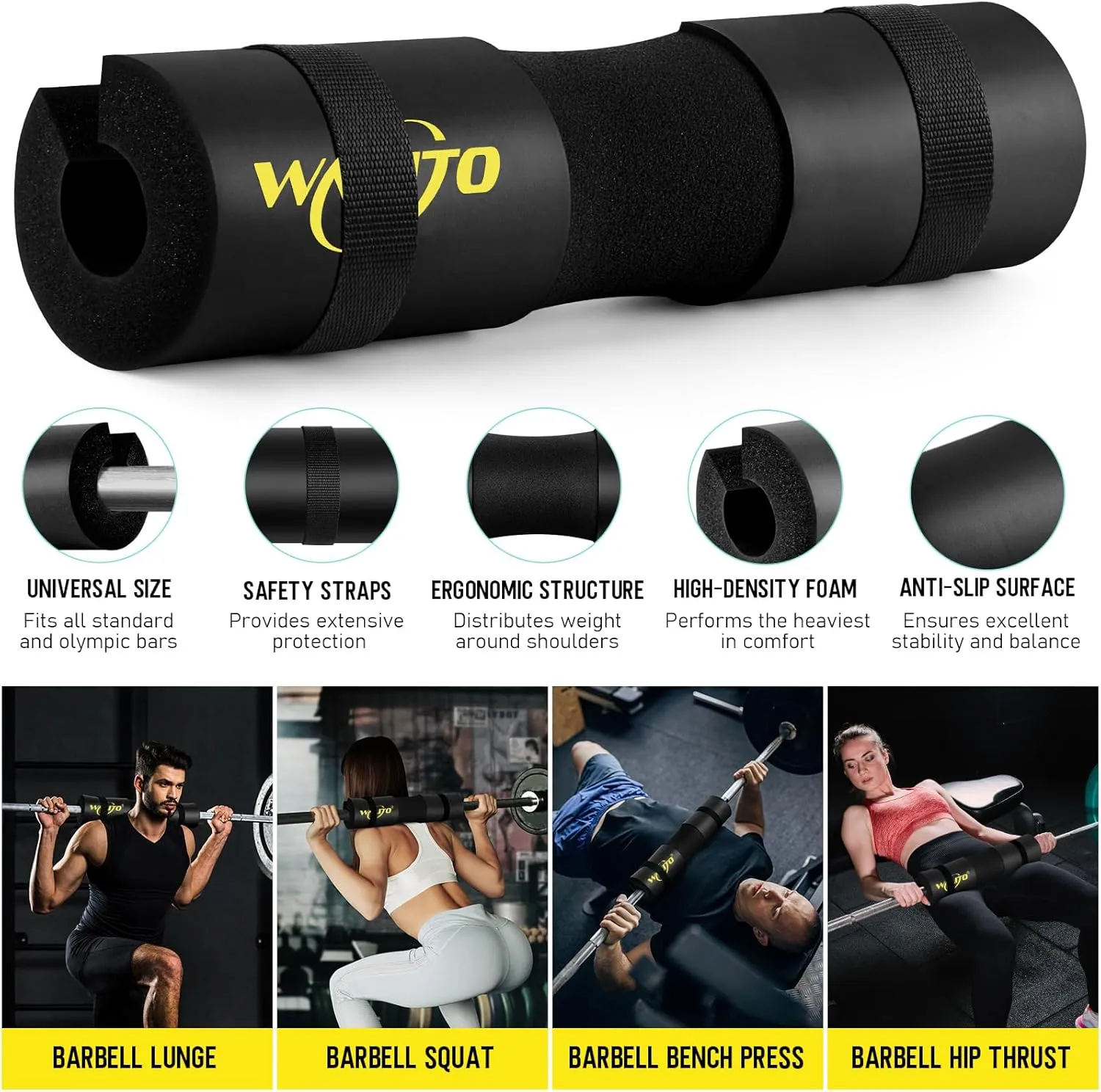 WALITO 8Pcs Barbell Pad Set for Hip Thrust - Squat Pad,Gym Accessories for Women with Bar Bad,Bench Press, with Gym Ankle Straps,Resistance Bands for Working Out,Lifting Strap,Carry Bag