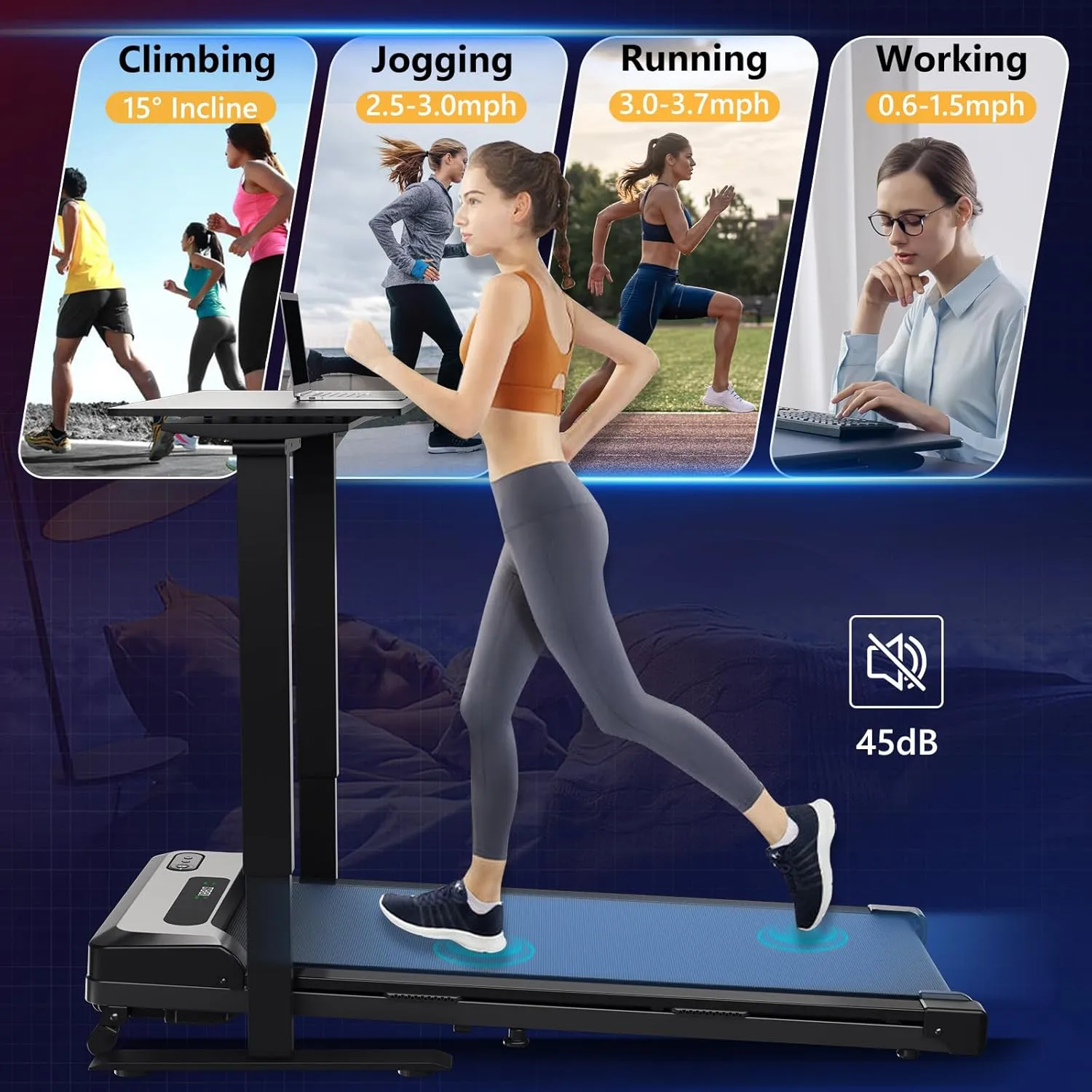 Walking Pad with Incline, 4 in 1 Under Desk Treadmill for Walking and Jogging, Portable Walking Treadmill with Remote Control Lanyard for Home, 2.5HP Low-Noise Desk Treadmill in LED Display