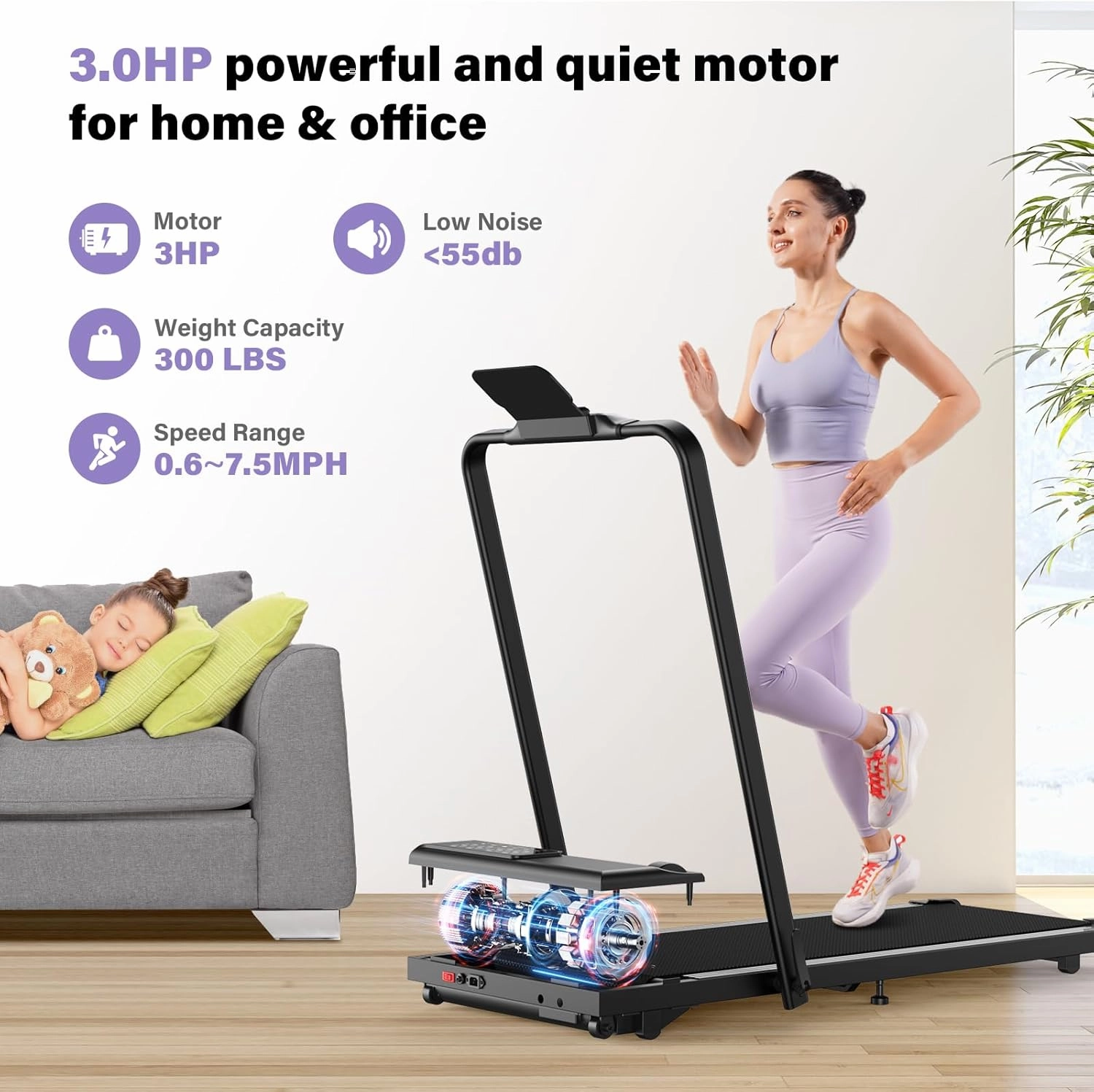 Walking Pad Treadmill with Handle bar, 3.0HP Small Foldable Treadmills for Home with APP Remote Control and LED Display, 7.5MPH Portable Treadmill 300 Lbs Capacity