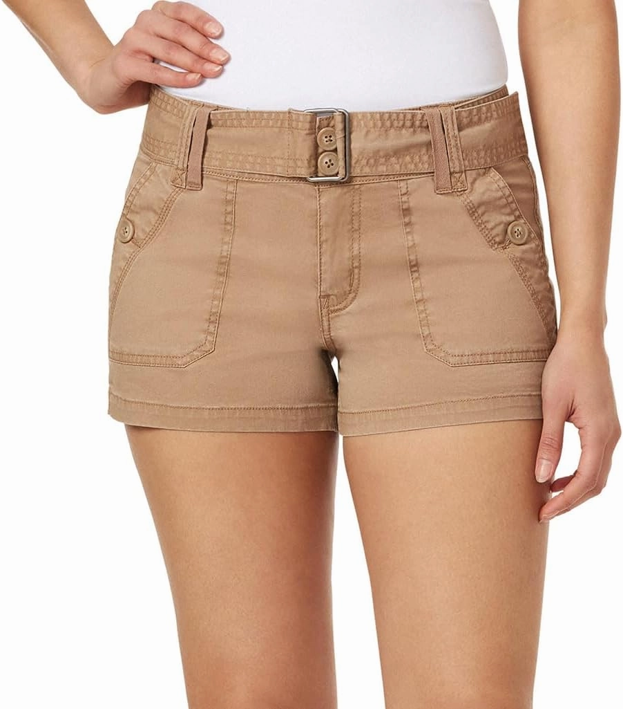 WallFlower Women's Feisty Curvy Belted Twill Cargo Shorts 3" Low-Rise Insta Stretch Juniors