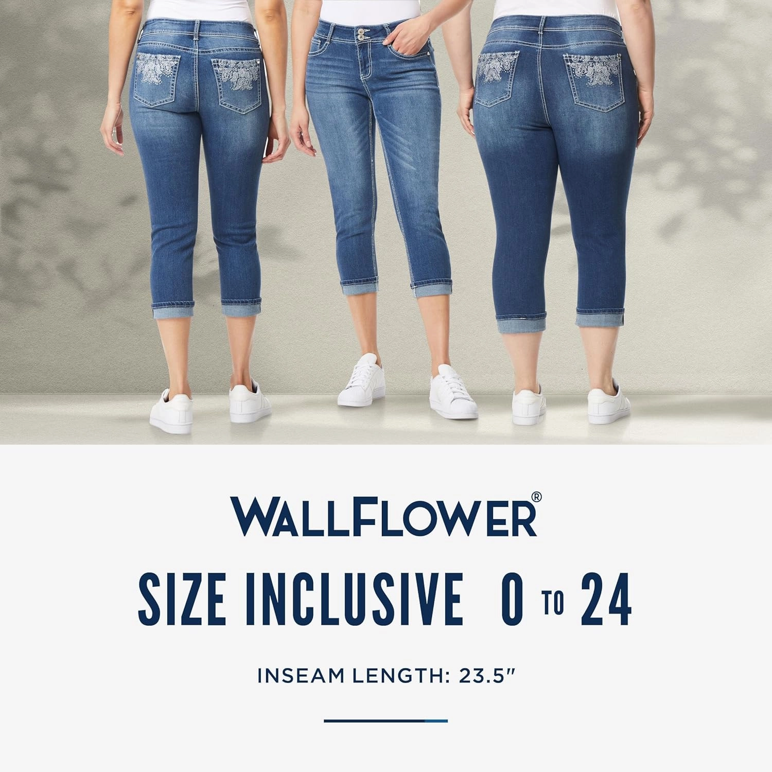 WallFlower Women's Luscious Curvy 23.5" Crop Mid-Rise Bling Insta Stretch Juniors (Standard and Plus)