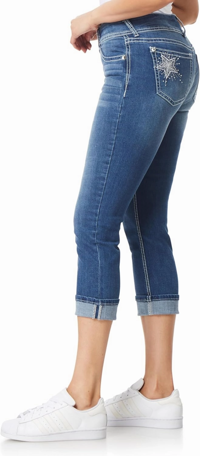 WallFlower Women's Luscious Curvy 23.5" Crop Mid-Rise Bling Insta Stretch Juniors (Standard and Plus)
