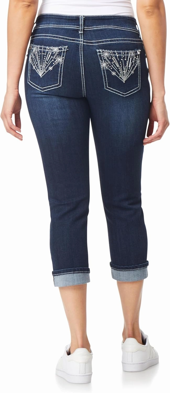WallFlower Women's Luscious Curvy 23.5" Crop Mid-Rise Bling Insta Stretch Juniors (Standard and Plus)