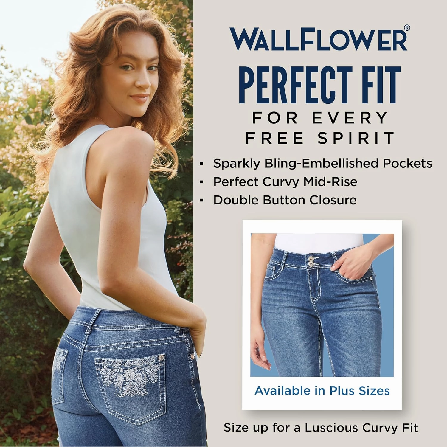 WallFlower Women's Luscious Curvy 23.5" Crop Mid-Rise Bling Insta Stretch Juniors (Standard and Plus)