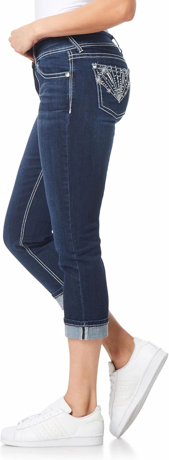 WallFlower Women's Luscious Curvy 23.5" Crop Mid-Rise Bling Insta Stretch Juniors (Standard and Plus)