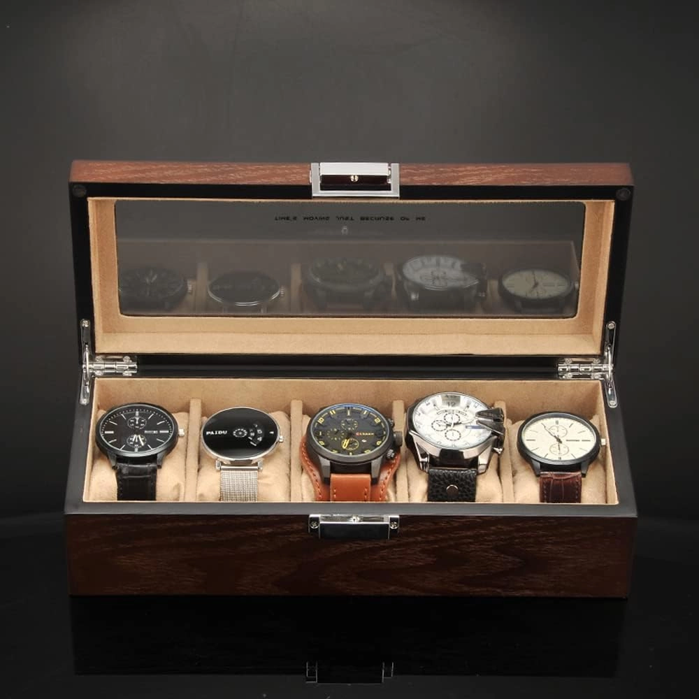 Watch Box Case Organizer Display For Men Women, 5 Slot Wood Box With Glass Top, Portable Mechanical Watch Box
