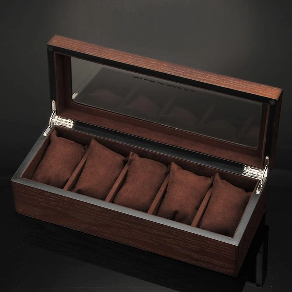 Watch Box Case Organizer Display For Men Women, 5 Slot Wood Box With Glass Top, Portable Mechanical Watch Box