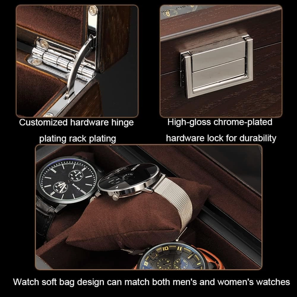 Watch Box Case Organizer Display For Men Women, 5 Slot Wood Box With Glass Top, Portable Mechanical Watch Box