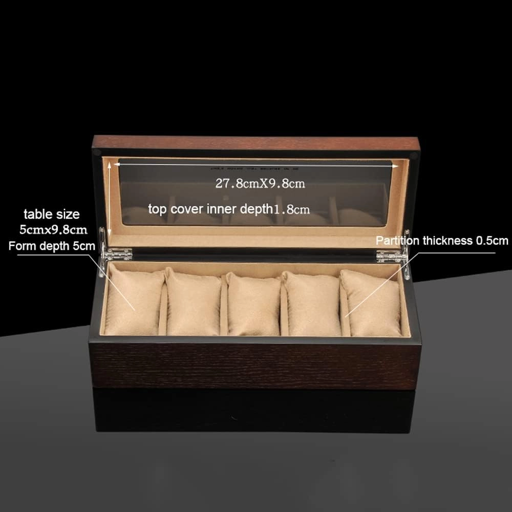 Watch Box Case Organizer Display For Men Women, 5 Slot Wood Box With Glass Top, Portable Mechanical Watch Box