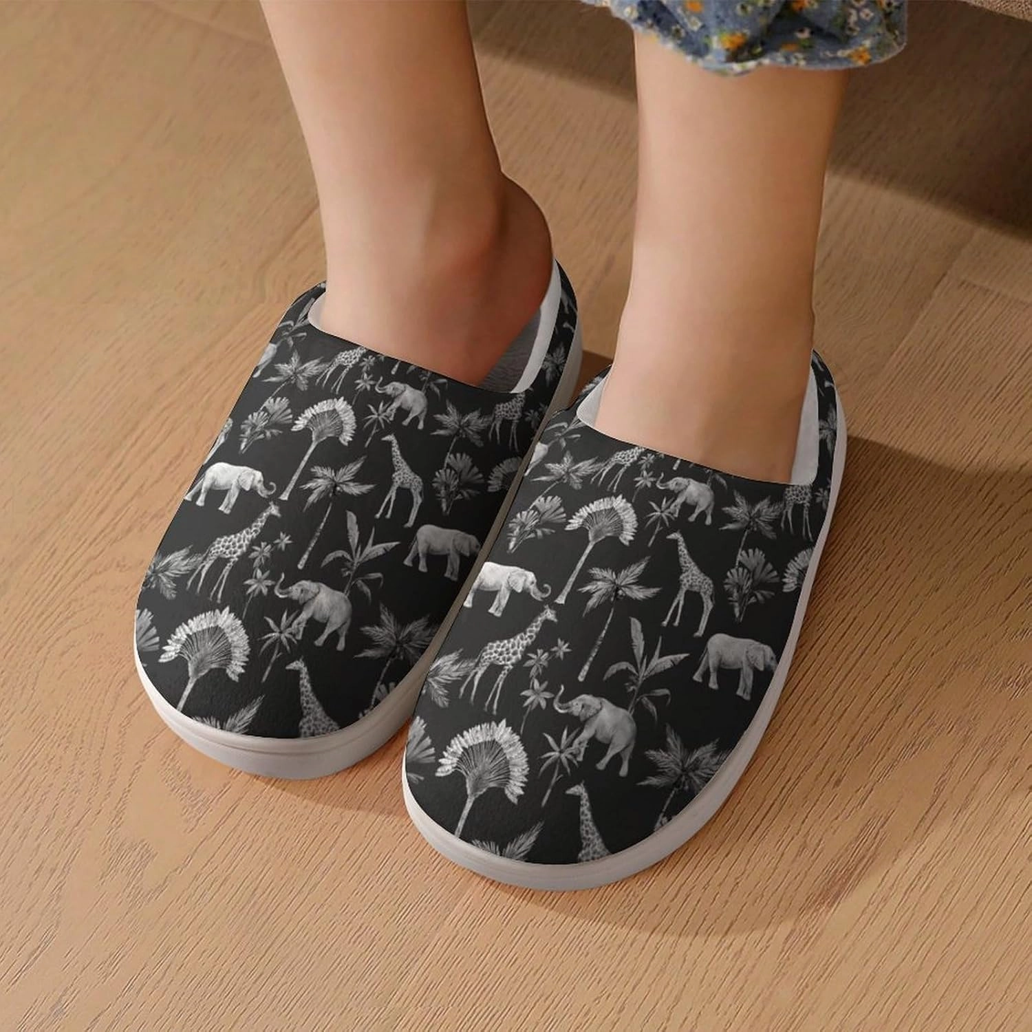 Watercolor Elephant Giraffe And Palm Trees Print Slippers for Boys Girls Home Cotton Slippers Non-Slip Warm Little Kids Slippers