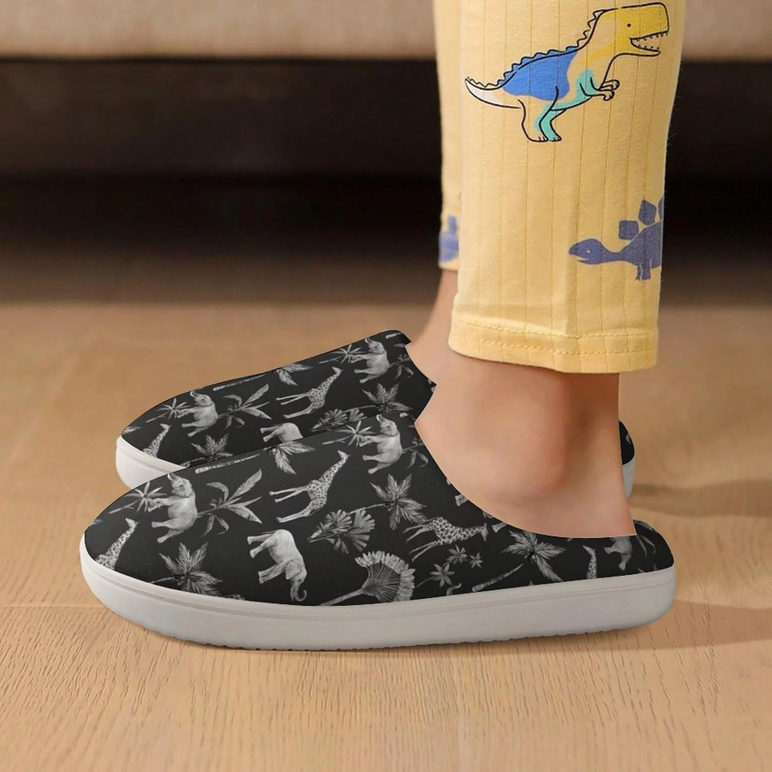 Watercolor Elephant Giraffe And Palm Trees Print Slippers for Boys Girls Home Cotton Slippers Non-Slip Warm Little Kids Slippers