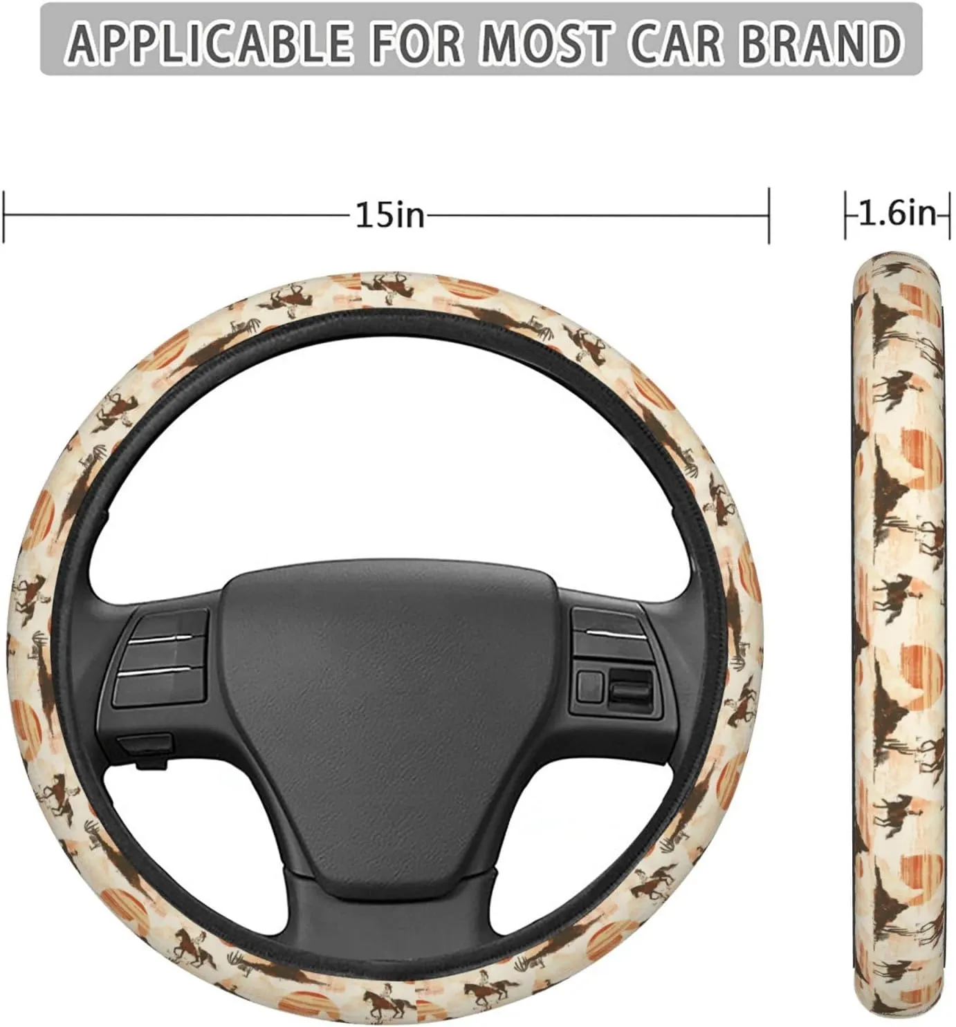 Western Cowgirls Horses Desert Cactus Sunset Steering Wheel Covers Anti-Slip Elasticity Car Accessories Steering Wheel Protector Universal 15 Inch for Cars SUV Vehicle Truck