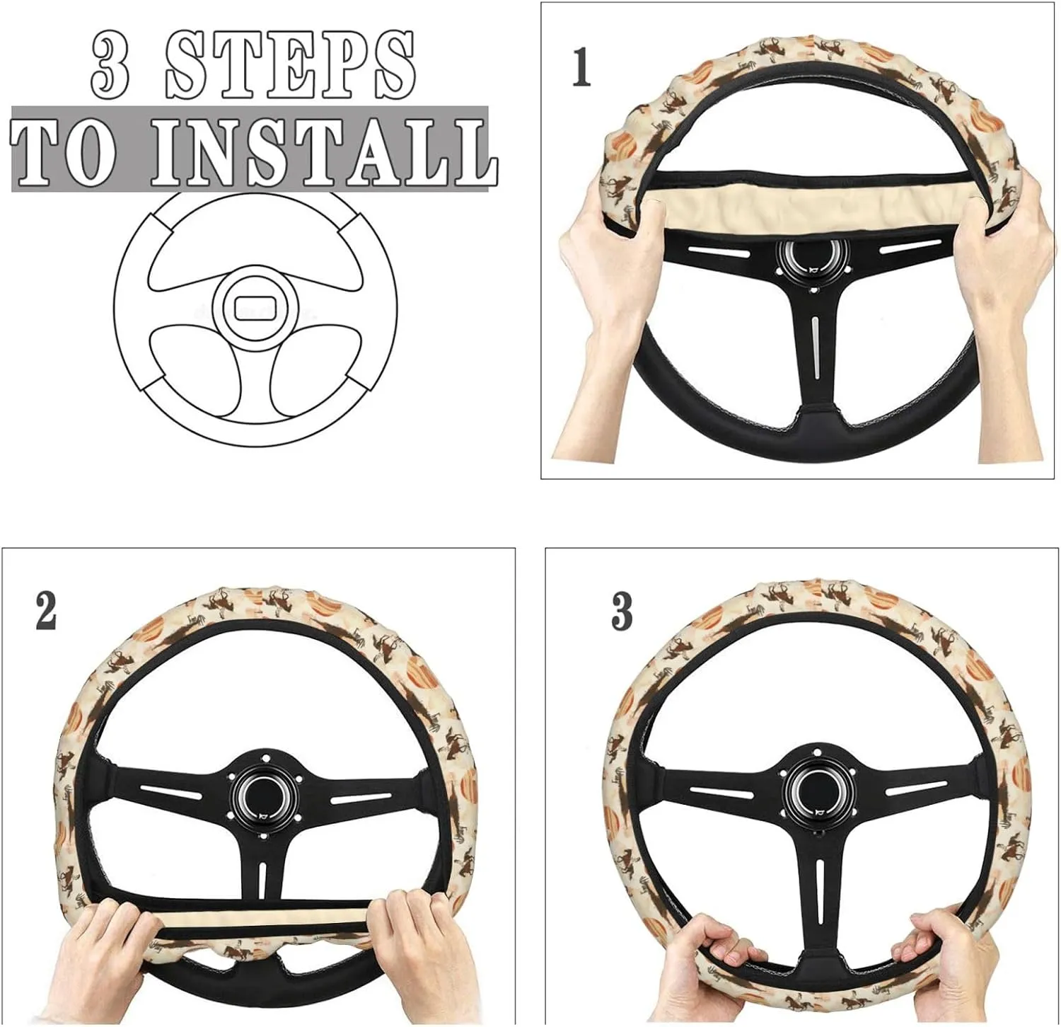 Western Cowgirls Horses Desert Cactus Sunset Steering Wheel Covers Anti-Slip Elasticity Car Accessories Steering Wheel Protector Universal 15 Inch for Cars SUV Vehicle Truck