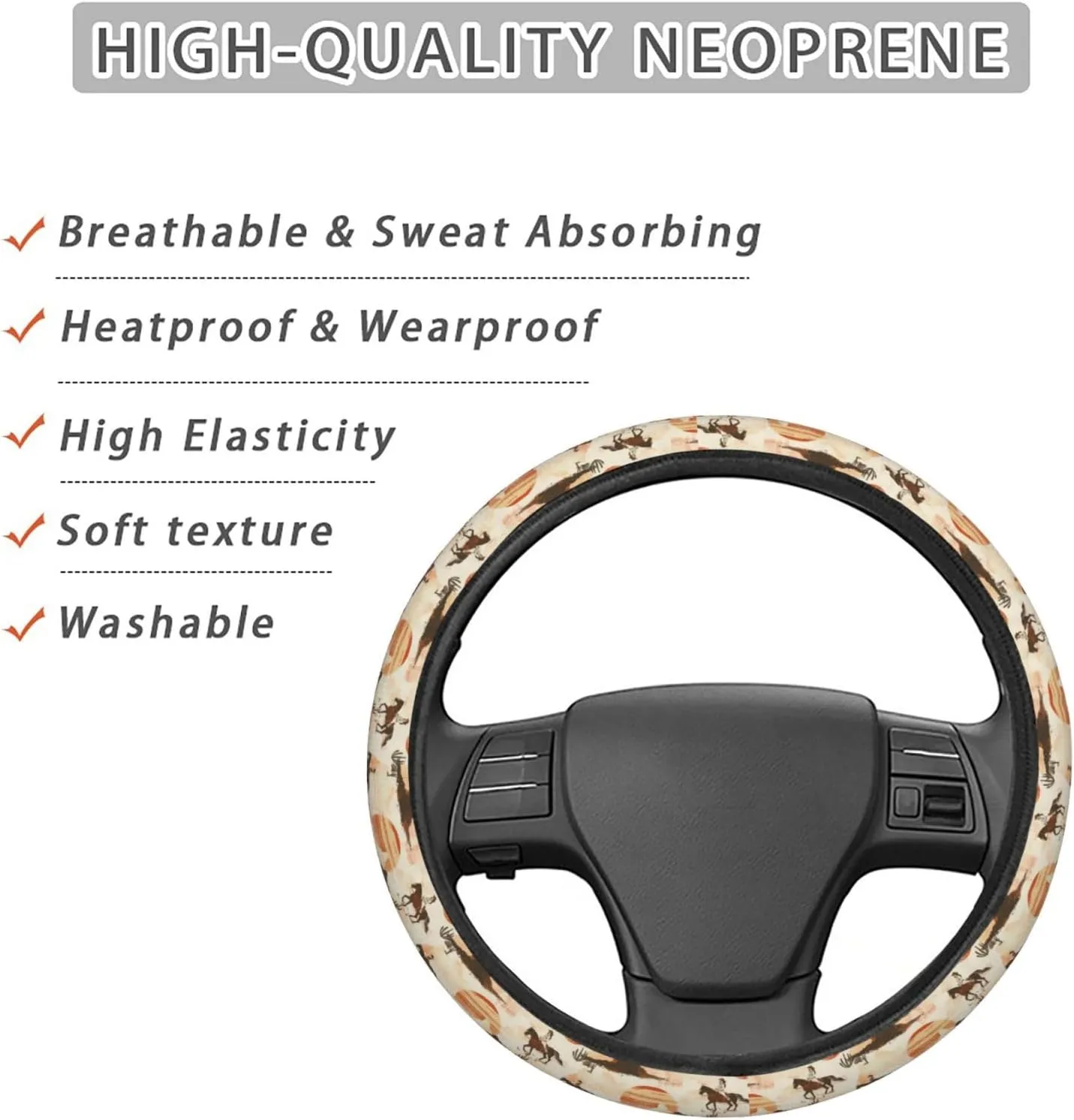 Western Cowgirls Horses Desert Cactus Sunset Steering Wheel Covers Anti-Slip Elasticity Car Accessories Steering Wheel Protector Universal 15 Inch for Cars SUV Vehicle Truck