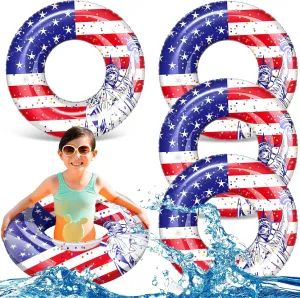 Wettarn 4 Pcs 24 Inch Patriotic Inflatable Pool Float with Confetti USA Flag Swim Tube 4th of July Pool Tube Cool Pool Floaties Water Swimming Ring for Girls Boys Pool Toys Beach Lake Water Sports
