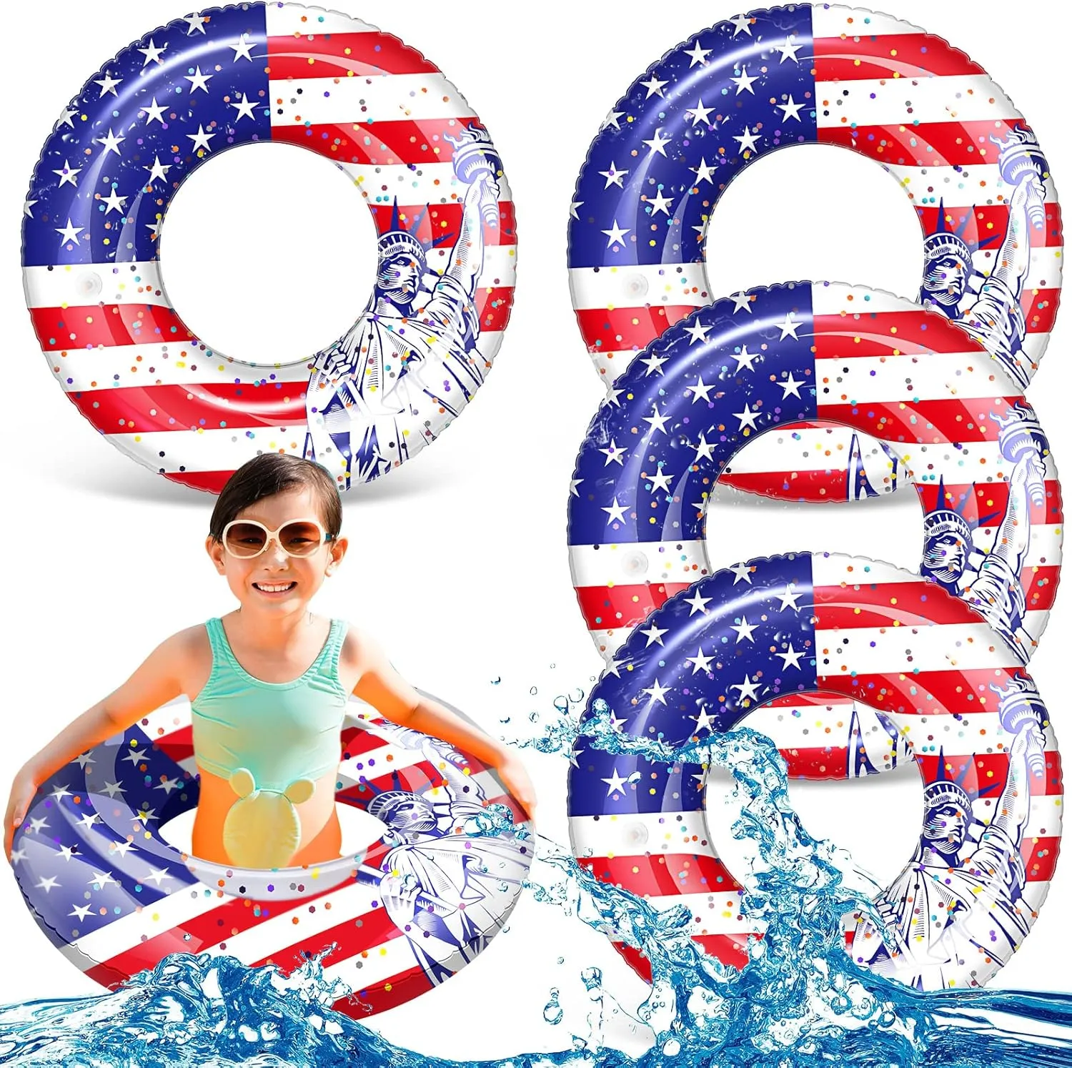 Wettarn 4 Pcs 24 Inch Patriotic Inflatable Pool Float with Confetti USA Flag Swim Tube 4th of July Pool Tube Cool Pool Floaties Water Swimming Ring for Girls Boys Pool Toys Beach Lake Water Sports