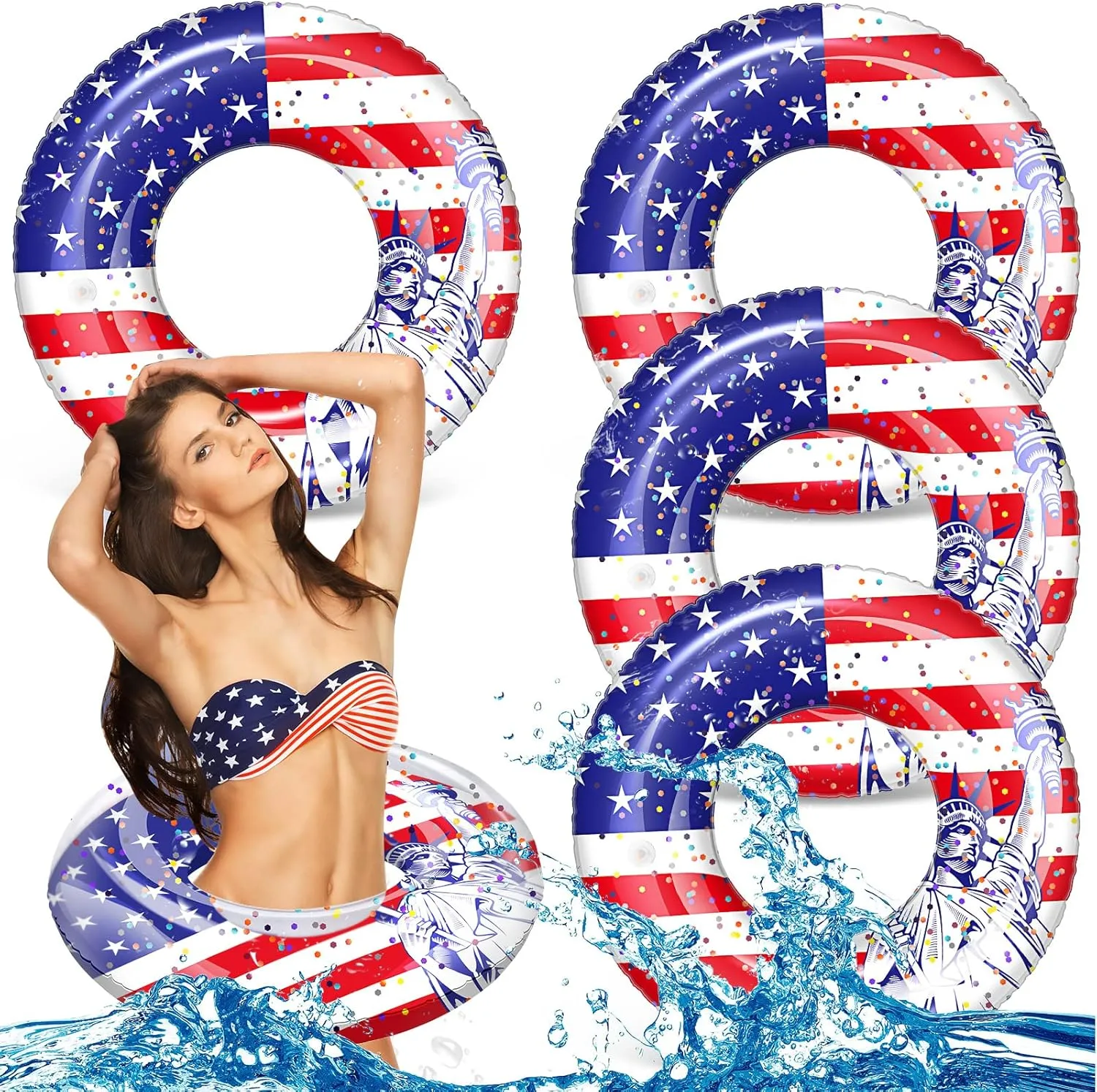 Wettarn 4 Pcs 4th of July Pool Float USA Patriotic Swim Tube 36 Inch American Flag Inflatable Pool Floats Adult America Pool Tube Large Swimming Ring Float for Beach, Pool, Water Park