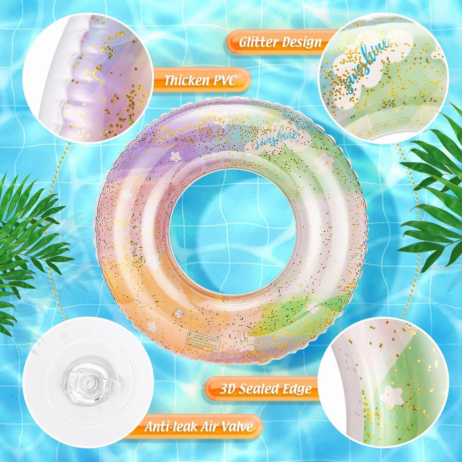 Wettarn 8 Pcs Inflatable Pool Floats Toys Swim Tubes Rings Inner Glitter Sequin Pool Tube Water Swimming Party Ring Float Tube for Boys Girls Outdoor Summer Beach Swimming
