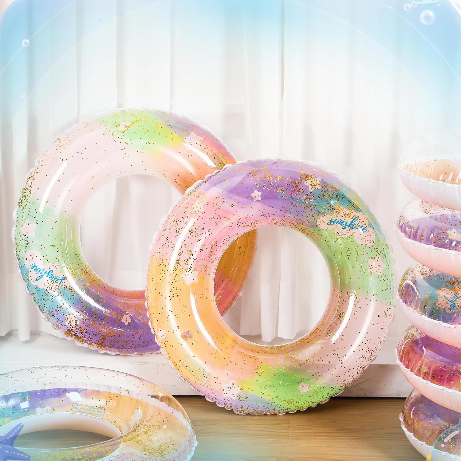 Wettarn 8 Pcs Inflatable Pool Floats Toys Swim Tubes Rings Inner Glitter Sequin Pool Tube Water Swimming Party Ring Float Tube for Boys Girls Outdoor Summer Beach Swimming