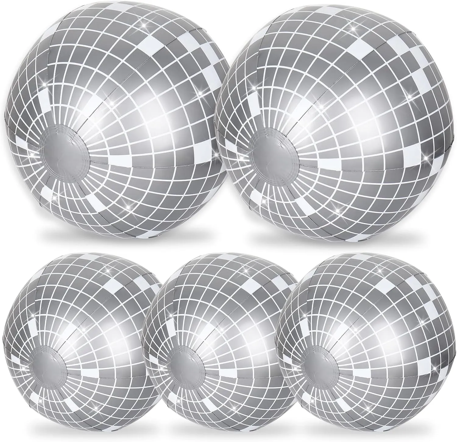 Whaline 5Pcs Inflatable Disco Beach Ball 24 & 16 Inch Round Pool PVC Balls Disco Theme Party Decoration for Indoor Outdoor Summer Beach Sports Theme Party Decor (Silver)