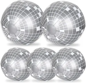 Whaline 5Pcs Inflatable Disco Beach Ball 24 & 16 Inch Round Pool PVC Balls Disco Theme Party Decoration for Indoor Outdoor Summer Beach Sports Theme Party Decor (Silver)