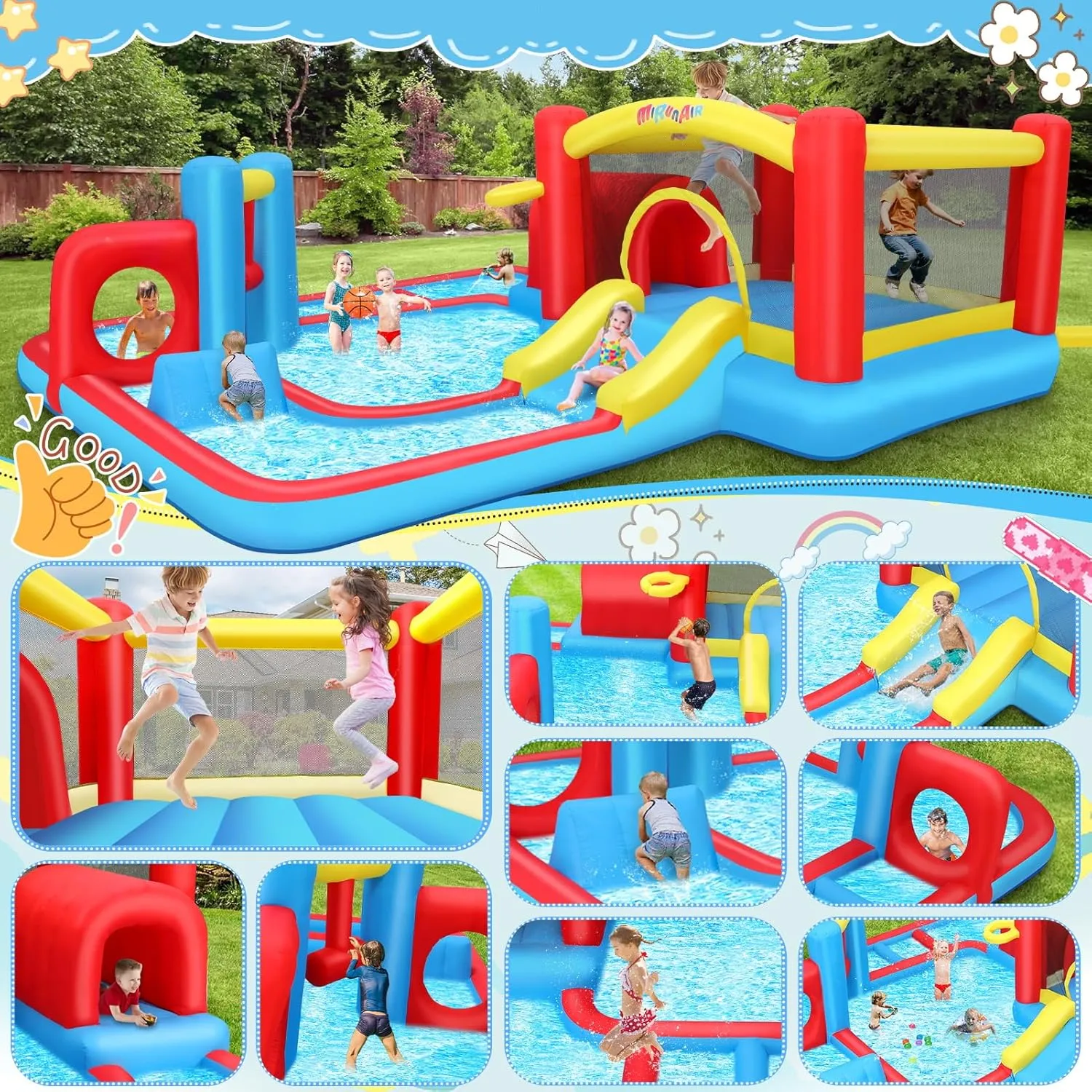 Whubefy Bounce House Water Slide for Kids, 14.3x14.3Ft 10 in 1 Big Inflatable Obstacle Course Bounce House with Slide, Jump Area, Pool, Tunnel, Blow Up Water Slides Inflatables Park for Backyard Fun