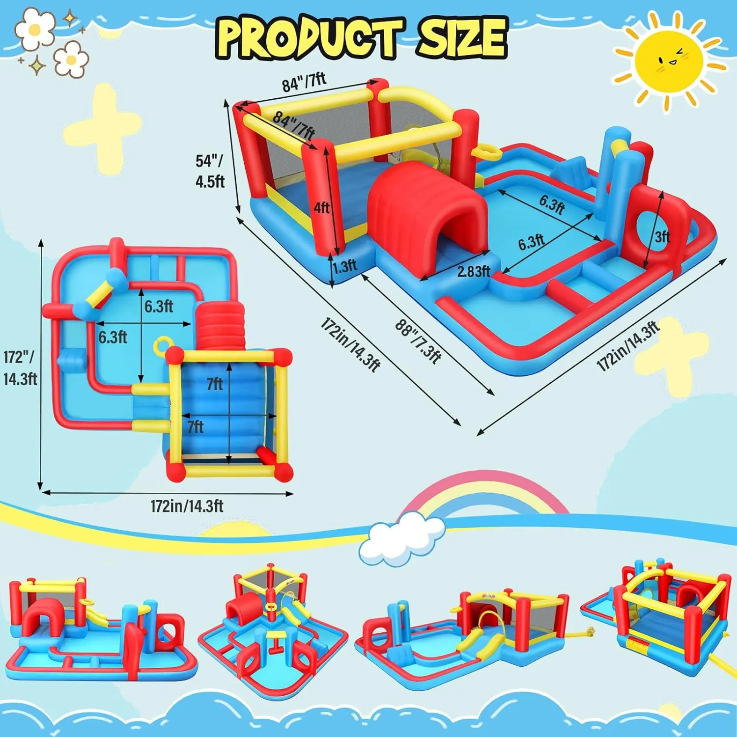 Whubefy Bounce House Water Slide for Kids, 14.3x14.3Ft 10 in 1 Big Inflatable Obstacle Course Bounce House with Slide, Jump Area, Pool, Tunnel, Blow Up Water Slides Inflatables Park for Backyard Fun