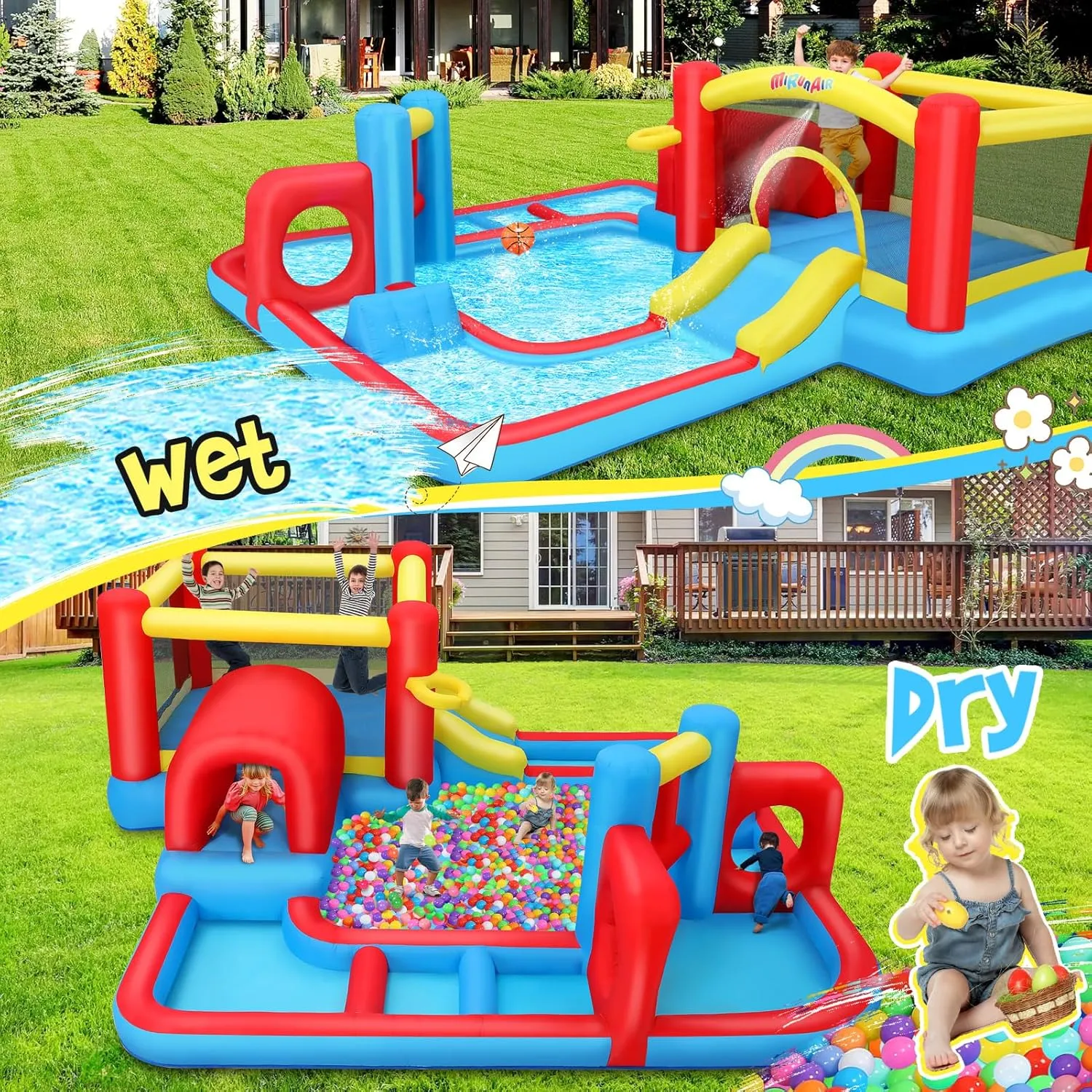 Whubefy Bounce House Water Slide for Kids, 14.3x14.3Ft 10 in 1 Big Inflatable Obstacle Course Bounce House with Slide, Jump Area, Pool, Tunnel, Blow Up Water Slides Inflatables Park for Backyard Fun