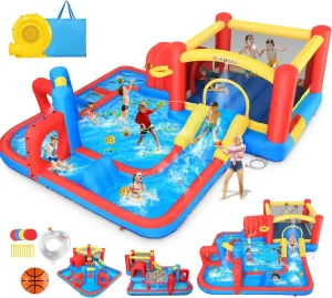 Whubefy Bounce House Water Slide for Kids, 14.3x14.3Ft 10 in 1 Big Inflatable Obstacle Course Bounce House with Slide, Jump Area, Pool, Tunnel, Blow Up Water Slides Inflatables Park for Backyard Fun
