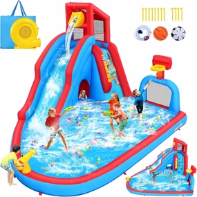 Whubefy Inflatable Water Slide for Kids Backyard, 14.2Ft Waterslide Park Bounce House W/Big Pool, Slide, Soccer Field, Dump Bucket, Obstacle Tunnel, 9in1 Blow Up Water Slides Inflatables for Kids Gift