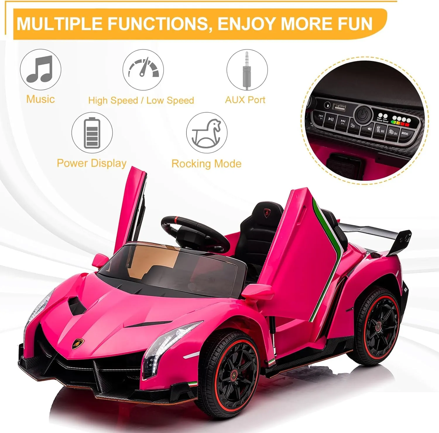 Winado 12V Ride on Car, Electric Vehicle Licensed Lamborghini Veneno for Kids, Battery Powered Car Toy w/Parent Control, Hydraulic Doors, 3 Speeds, LED Headlights, Horn, Engine Sounds - Pink