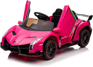 Winado 12V Ride on Car, Electric Vehicle Licensed Lamborghini Veneno for Kids, Battery Powered Car Toy w/Parent Control, Hydraulic Doors, 3 Speeds, LED Headlights, Horn, Engine Sounds - Pink