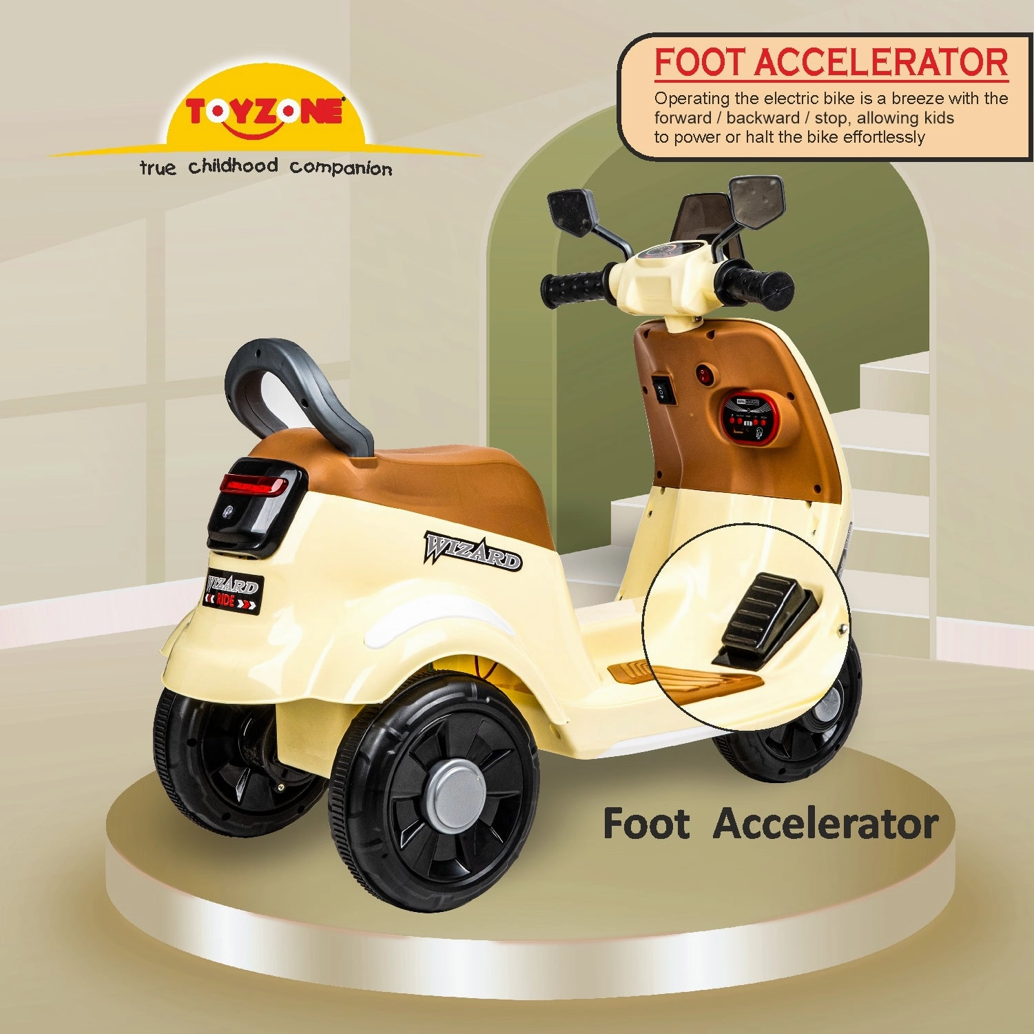 Wizard Electric Scooty - Ivory | Rechargeable Scooty | Powered by 6V & 4.5 AH Battery | Ride-On Scooter | Kids Electric Scooty | For Kids 3  Years