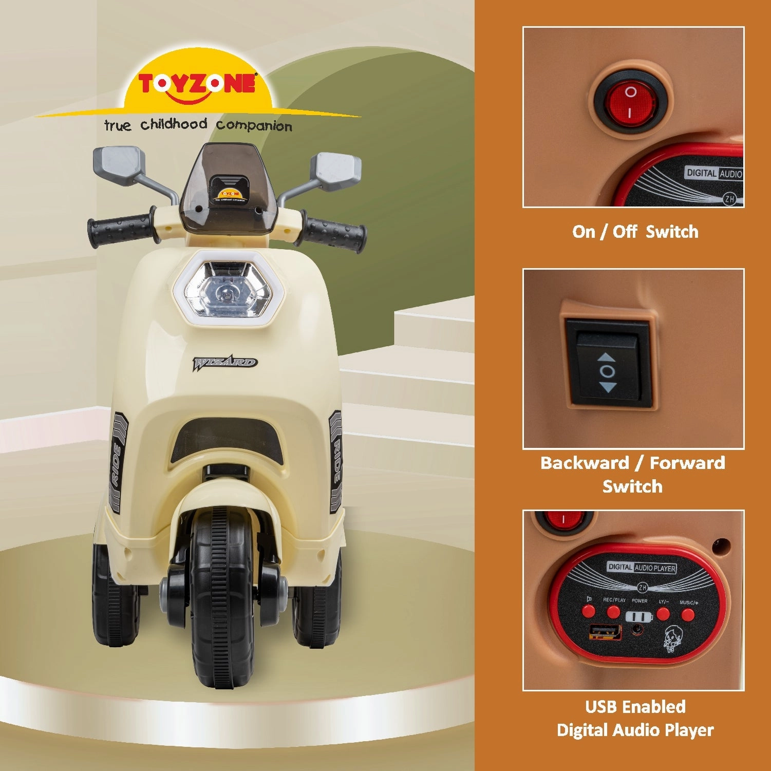 Wizard Electric Scooty - Ivory | Rechargeable Scooty | Powered by 6V & 4.5 AH Battery | Ride-On Scooter | Kids Electric Scooty | For Kids 3  Years
